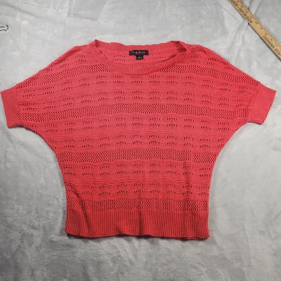 august silk Tops - August Silk Classic Knit Top Women M Orange Short Sleeve Open Knit Designer